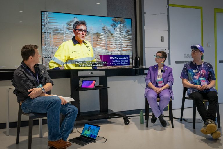 George Simpson (SKAO), Riley Keel (SKAO) and Dev Null (AusSRC) talking SKA careers