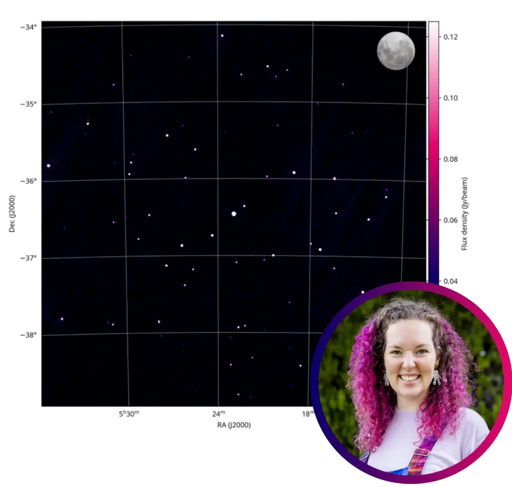 An image of the first image produced by the SKAO-Low; remote galaxies and black holes speckle a dark expanse of space. An image of Dr. Kat Ross is featured in the corner; she is smiling brightly and has vibrant pink hair.