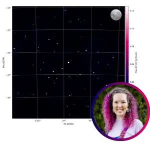 An image of the first image produced by the SKAO-Low; remote galaxies and black holes speckle a dark expanse of space. An image of Dr. Kat Ross is featured in the corner; she is smiling brightly and has vibrant pink hair.