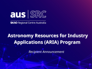 A title card with a node pattern in magenta and navy that reads: Astronomy Resources for Industry Applications (ARIA) Program Recipient Announcement